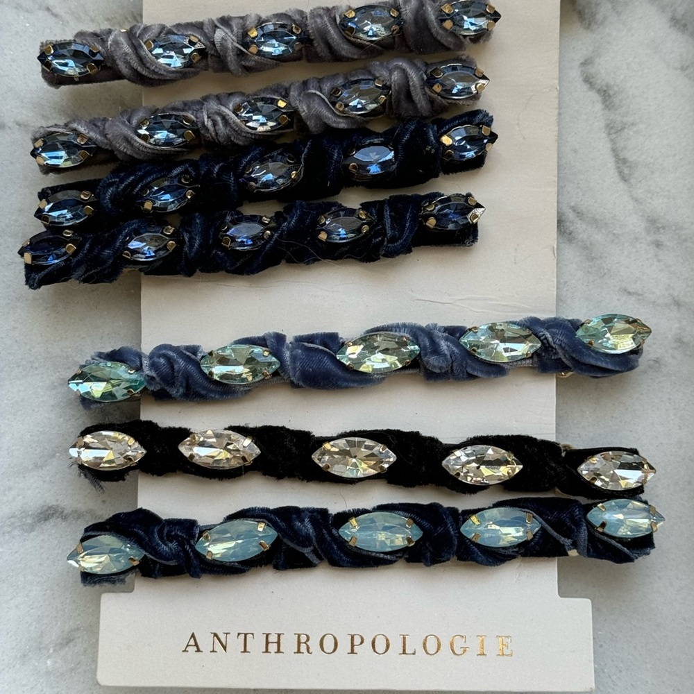 Anthropologie hair accessories barrette clips set NEW rhinestone velvet  🩵💙